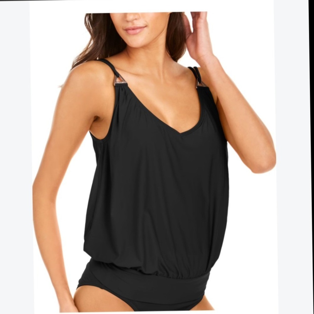 Calvin Klein Womens Black Blouson Tankini Top V-Neck Gold Hardware CGMK5279 L
